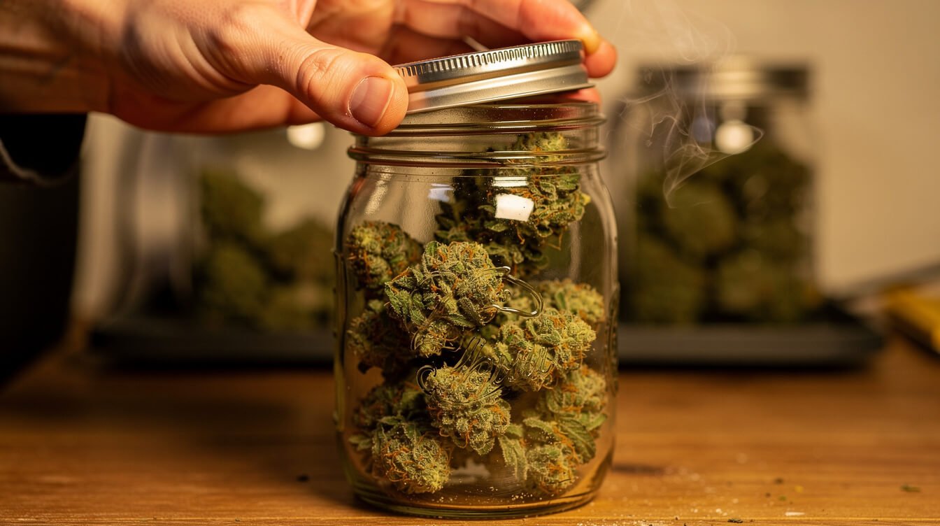 hand opening a mason jar lid to burp curing cannabis buds