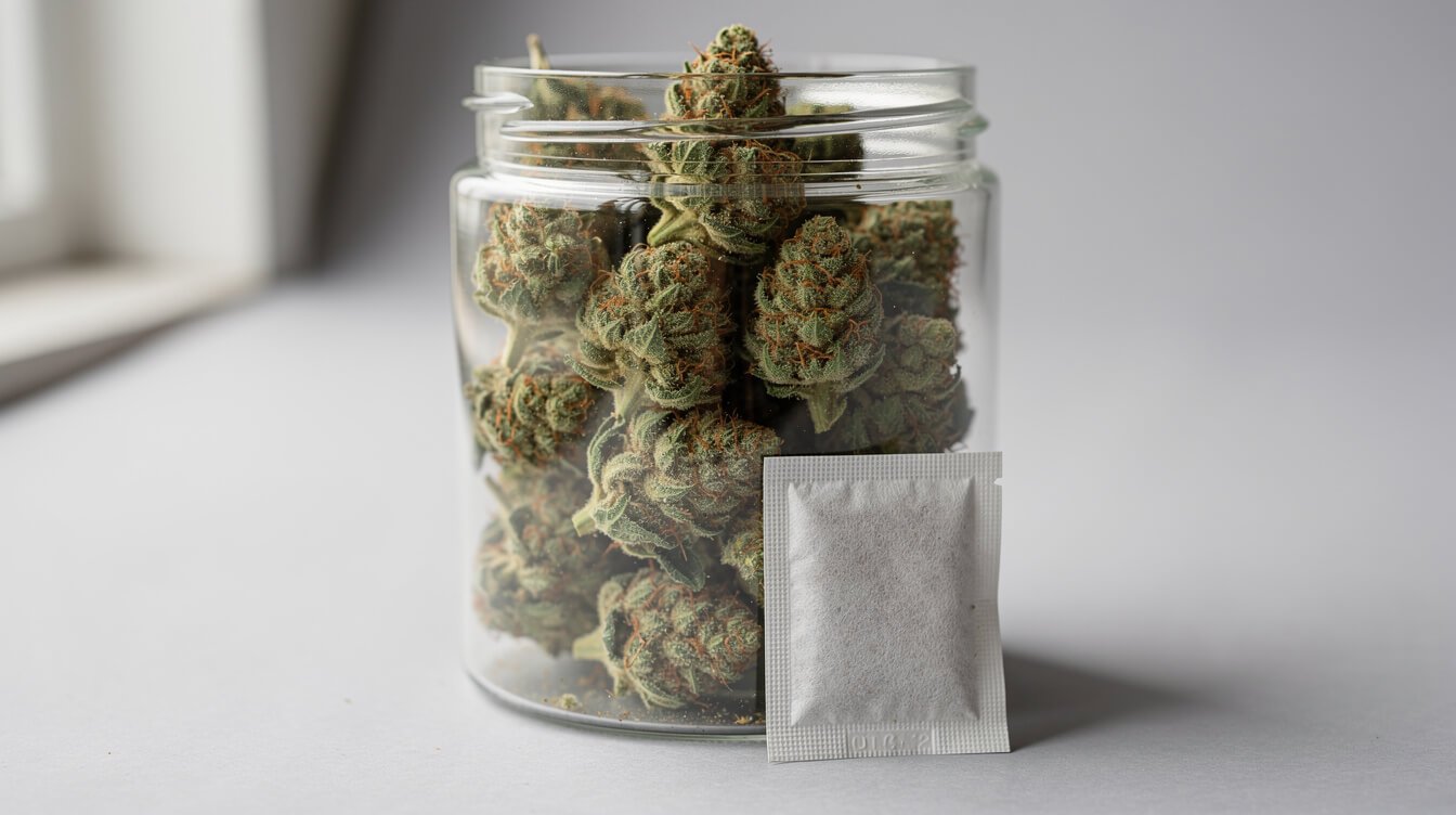 two-way humidity control pack placed inside a jar of curing cannabis