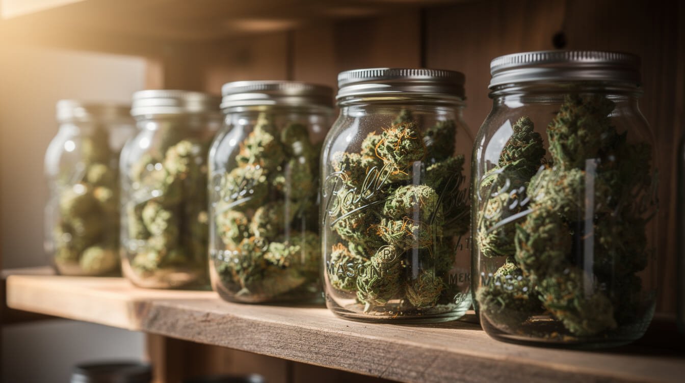 rows of labeled mason jars used for curing cannabis buds properly
