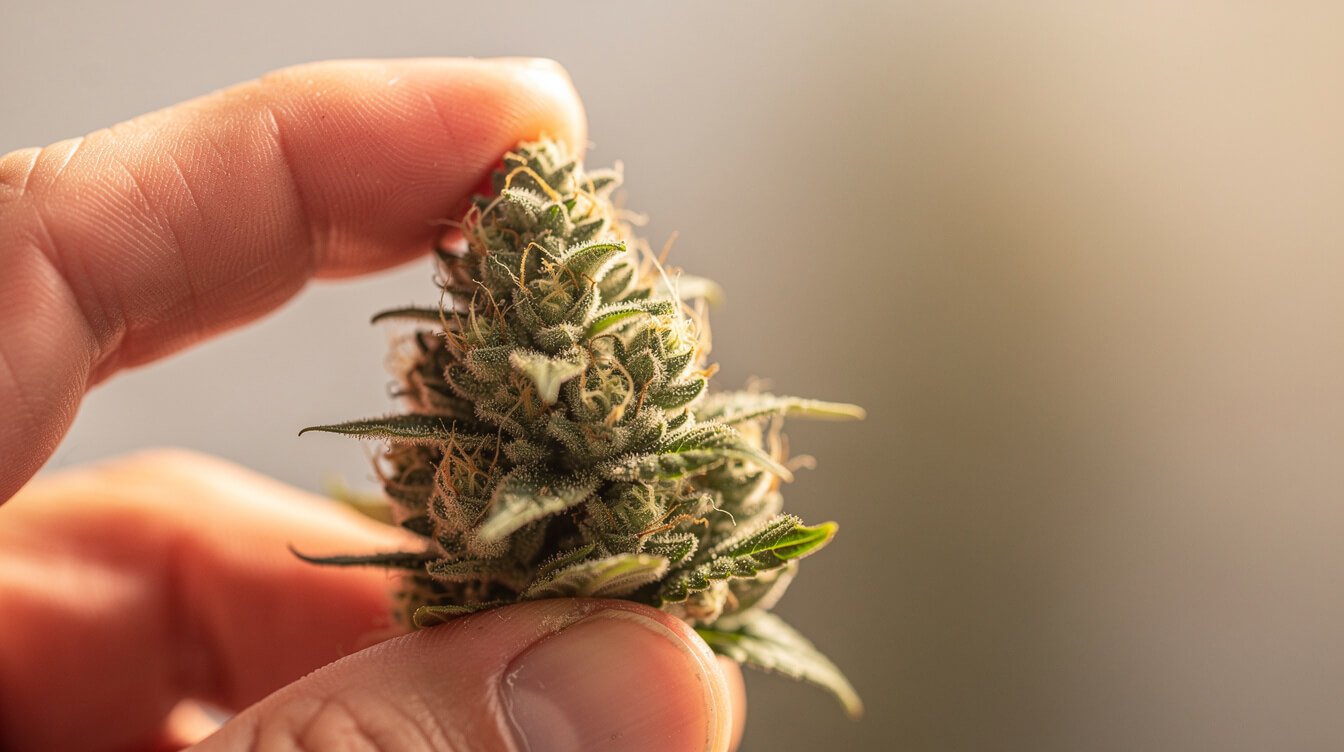 close-up of cannabis bud being inspected for mold during jar curing