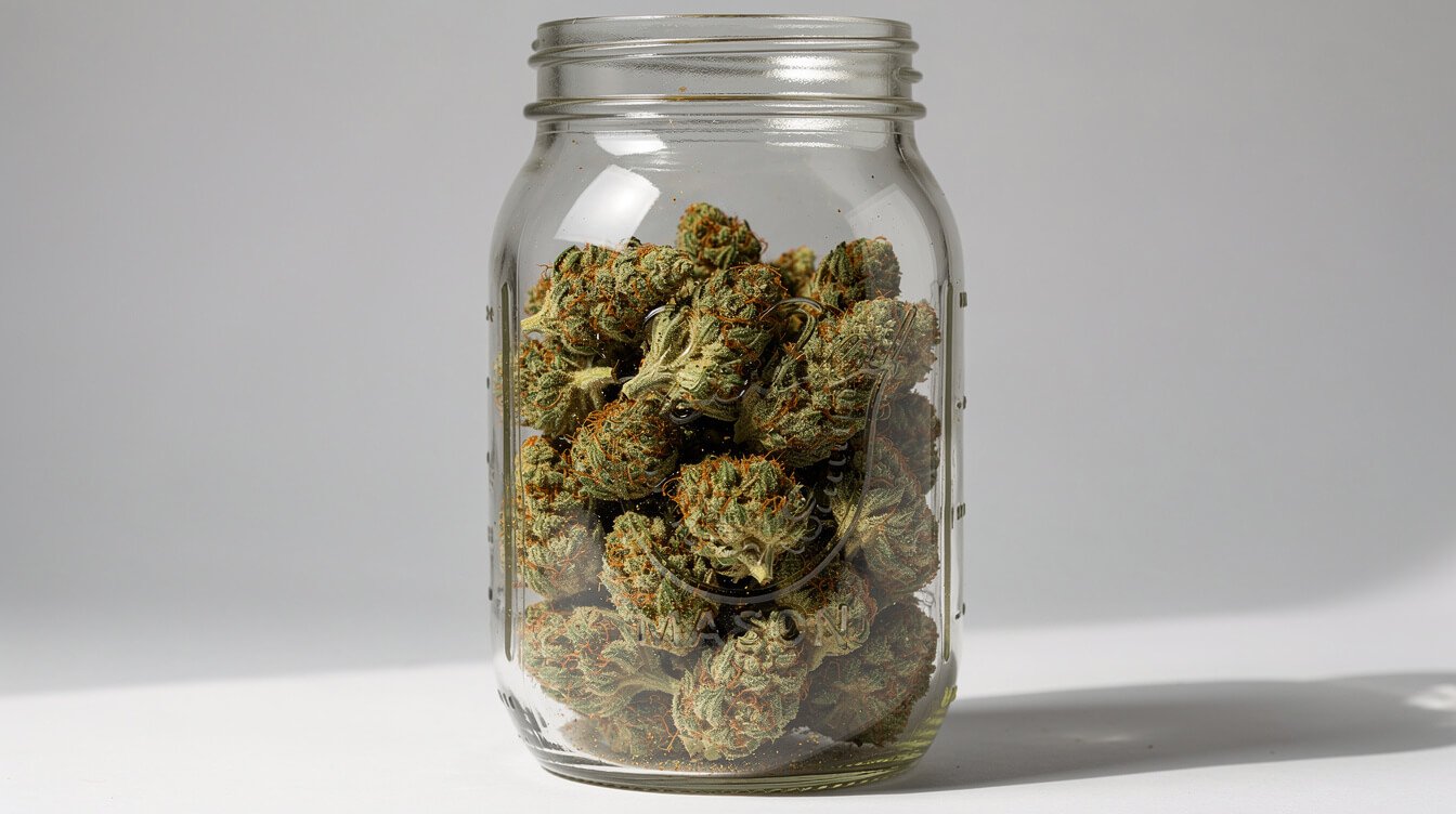 wide-mouth mason jar filled with cannabis buds to about three-quarters capacity
