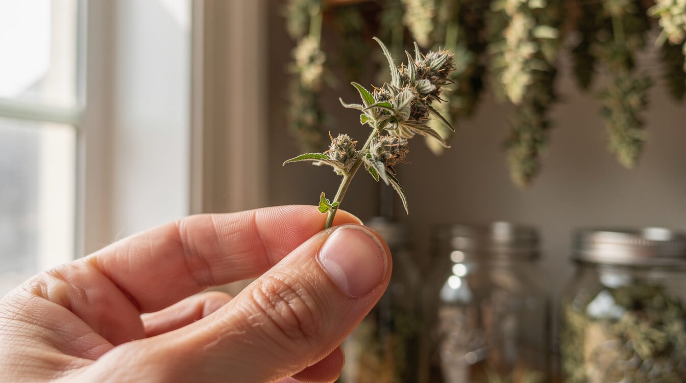 properly cured cannabis bud showing the snap test with a small stem