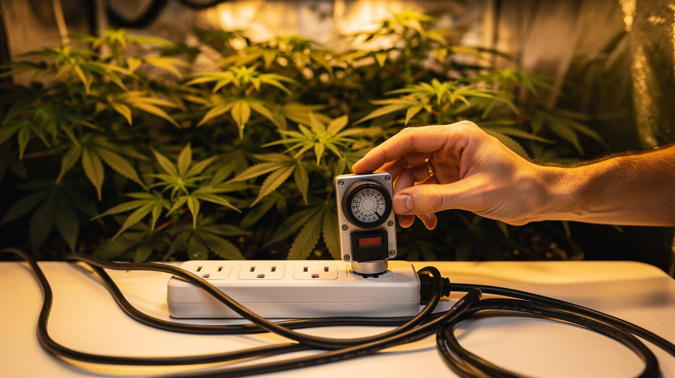 Grower setting a light timer inside a home grow tent