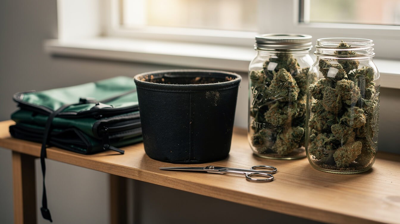 Empty fabric pot and jars of cured cannabis at the end of a grow cycle