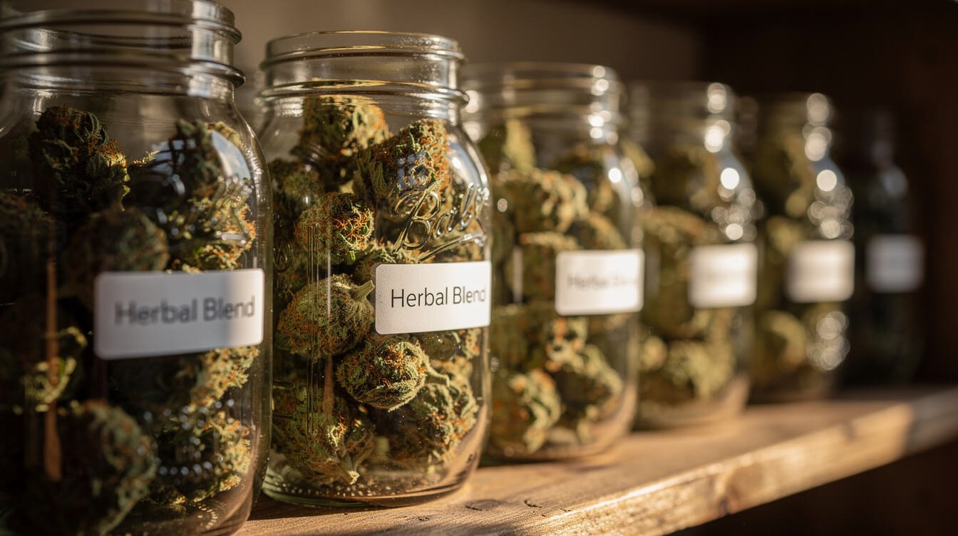 glass jars of curing cannabis buds on a wooden shelf