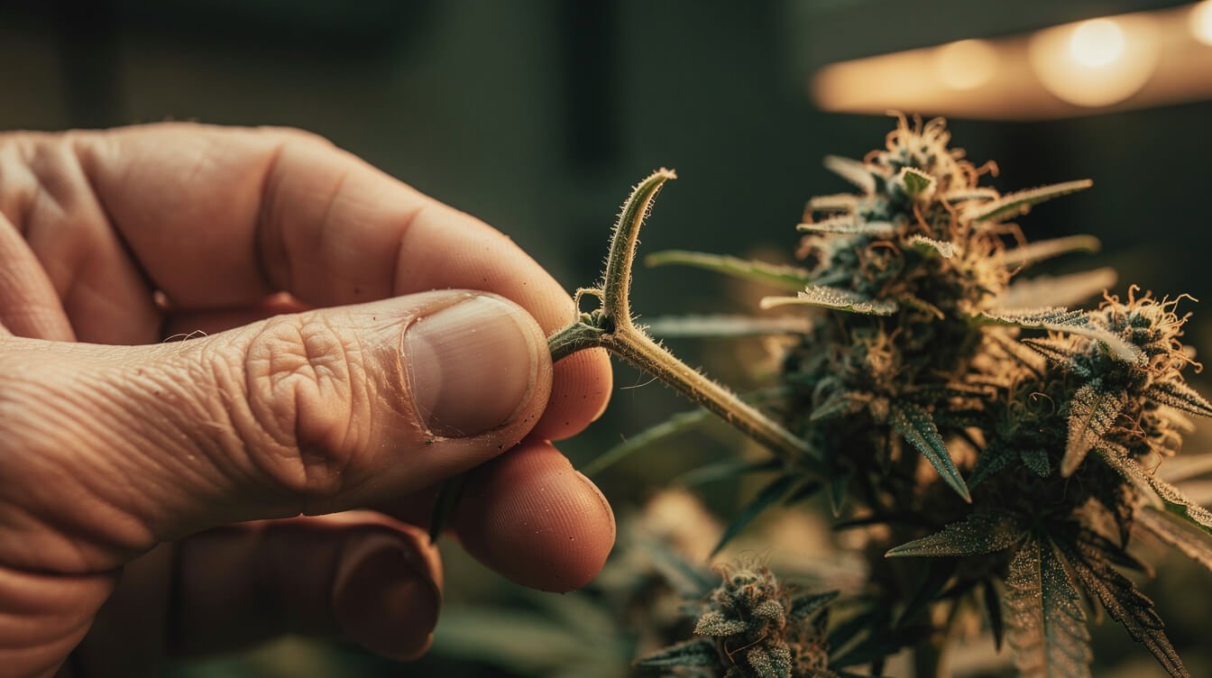 cannabis stems being snap-tested for dryness before curing