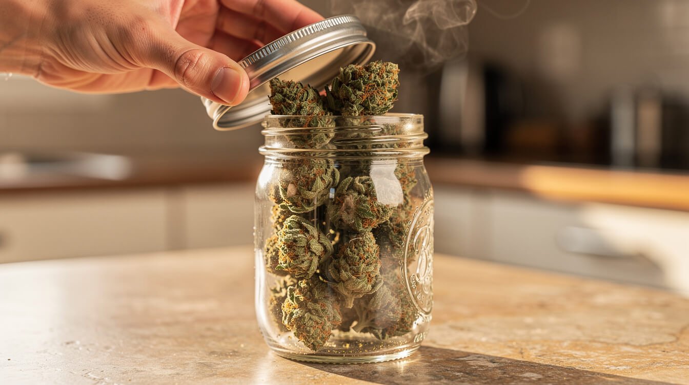 hand opening a mason jar lid to burp curing cannabis buds