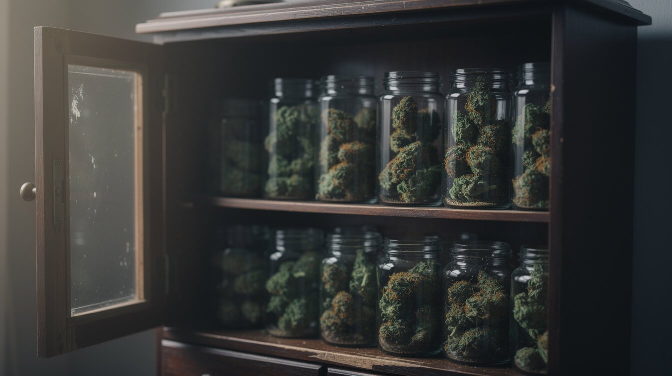 cured cannabis stored properly in sealed glass jars away from light