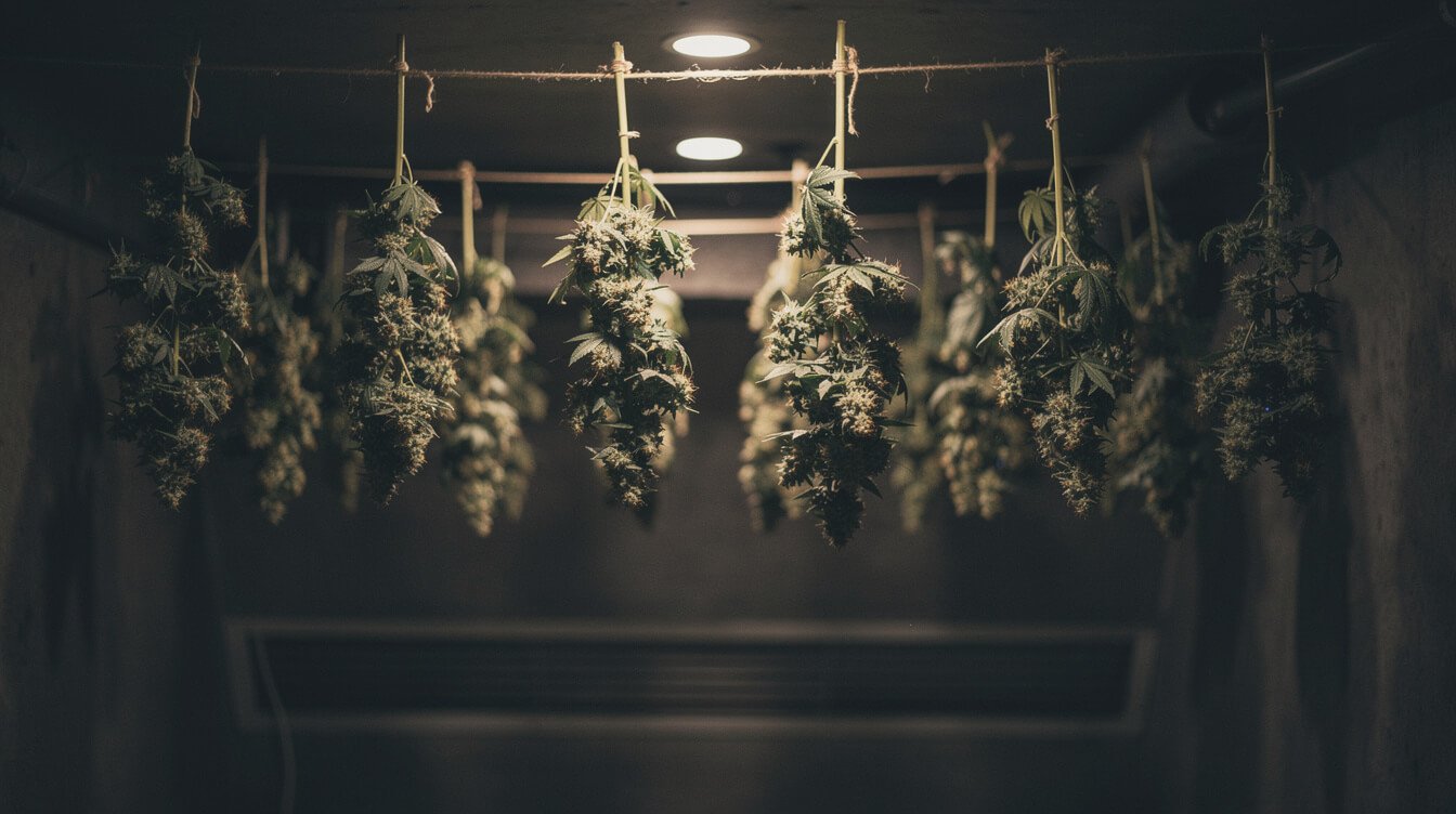 harvested cannabis buds hanging to dry in a dark, ventilated space