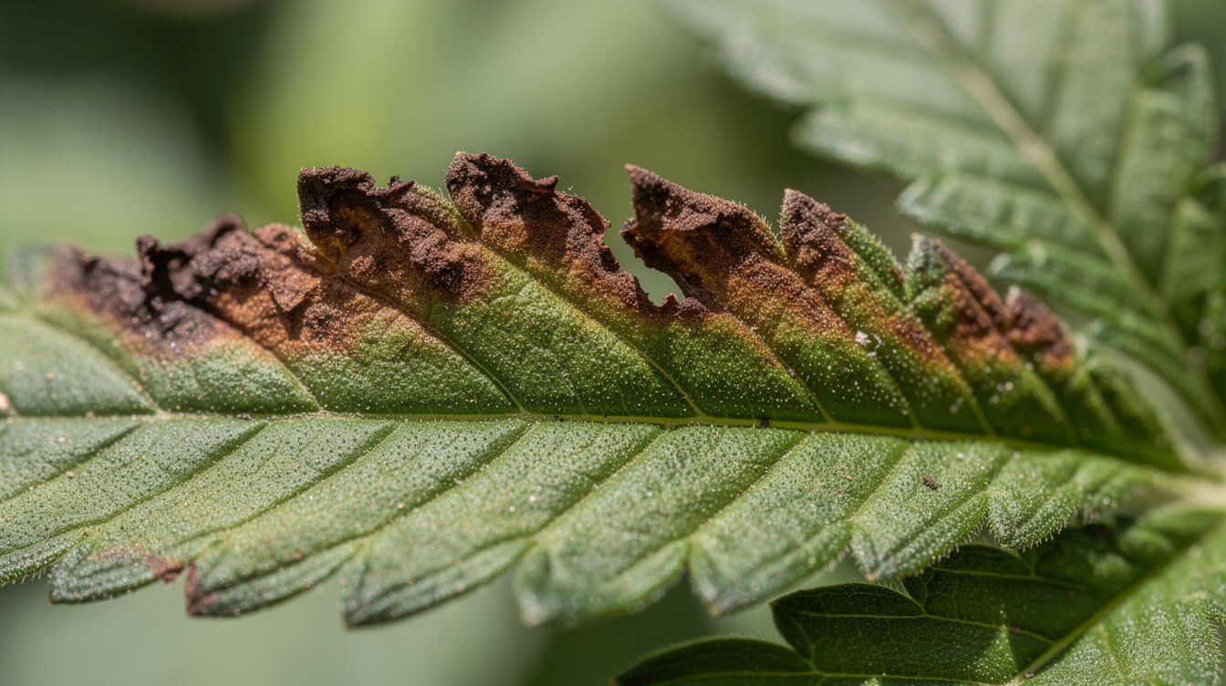 close-up of nutrient burn damage on cannabis leaves