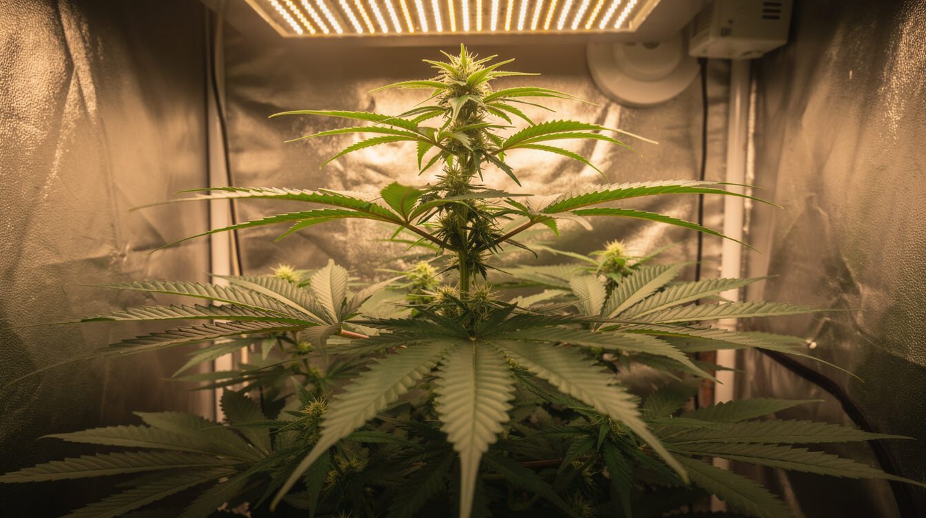 cannabis plant in vegetative growth stage under LED grow light