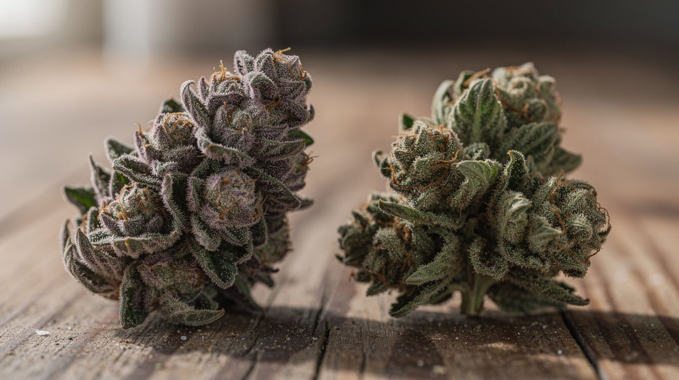 indica vs hybrid cannabis buds side by side on a wooden table