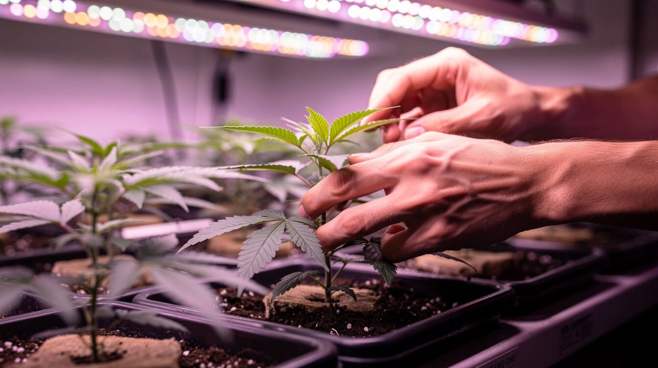 cannabis breeder examining plant genetics under grow lights