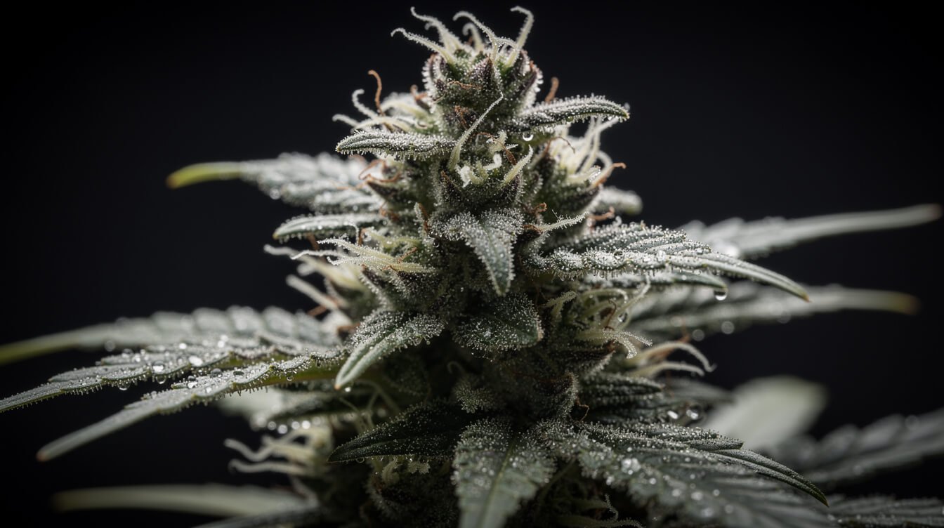 close-up of trichomes and terpenes on a cannabis flower