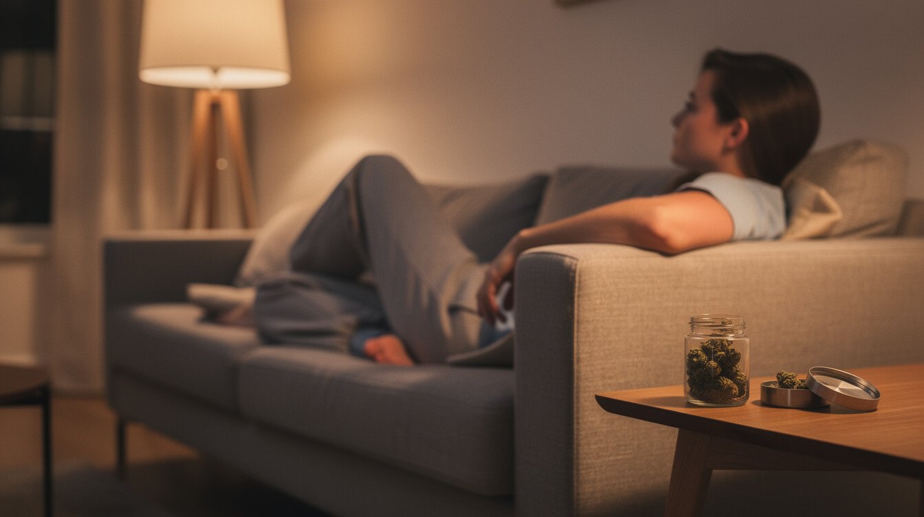 person relaxing on a couch in the evening with cannabis nearby