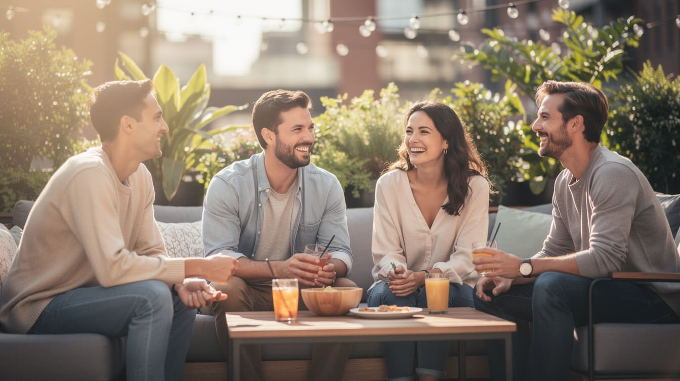 friends socializing outdoors during the day with a relaxed atmosphere
