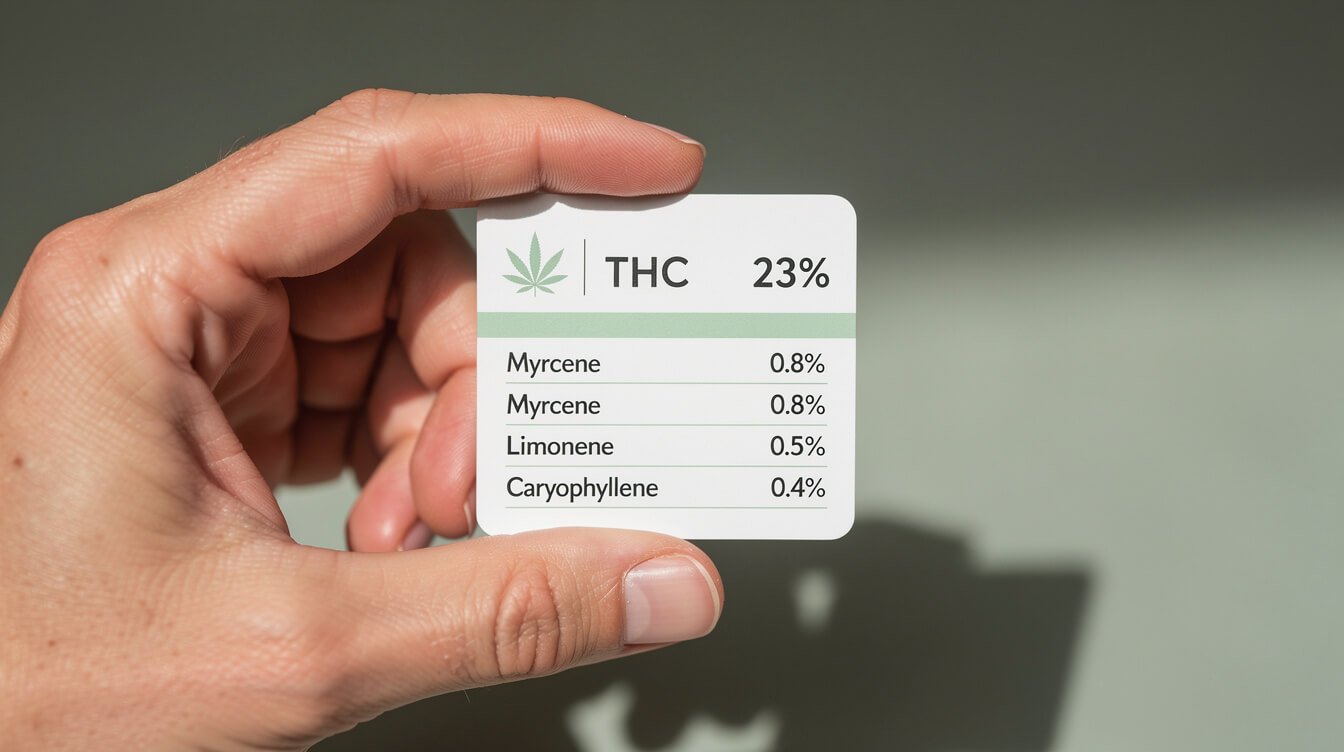 hand holding a cannabis product label showing THC and terpene percentages