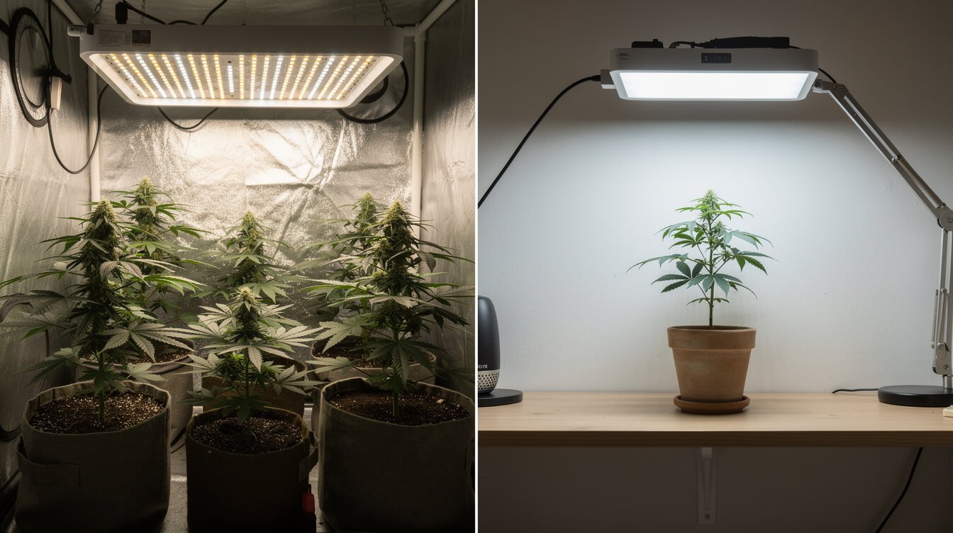 single cannabis plant grow light setup next to a full multi-plant grow tent for comparison