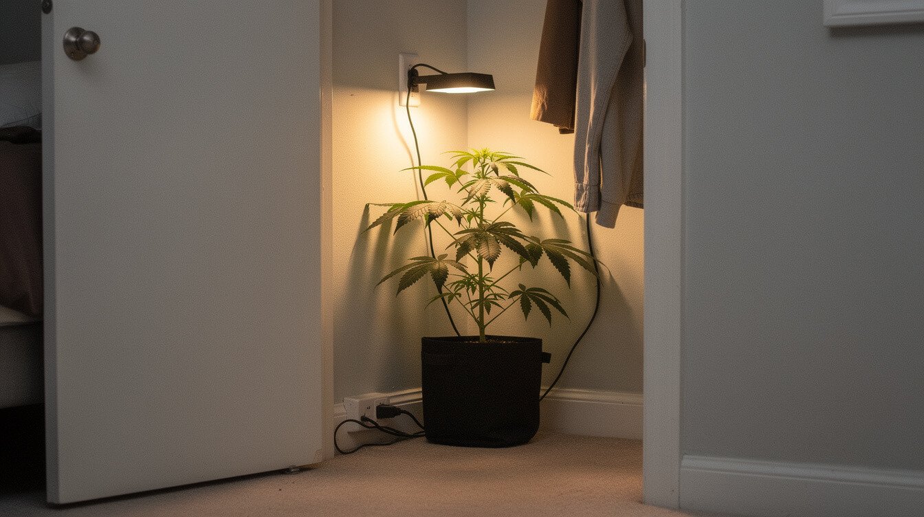 stealth no-tent LED grow light setup for one cannabis plant in a closet