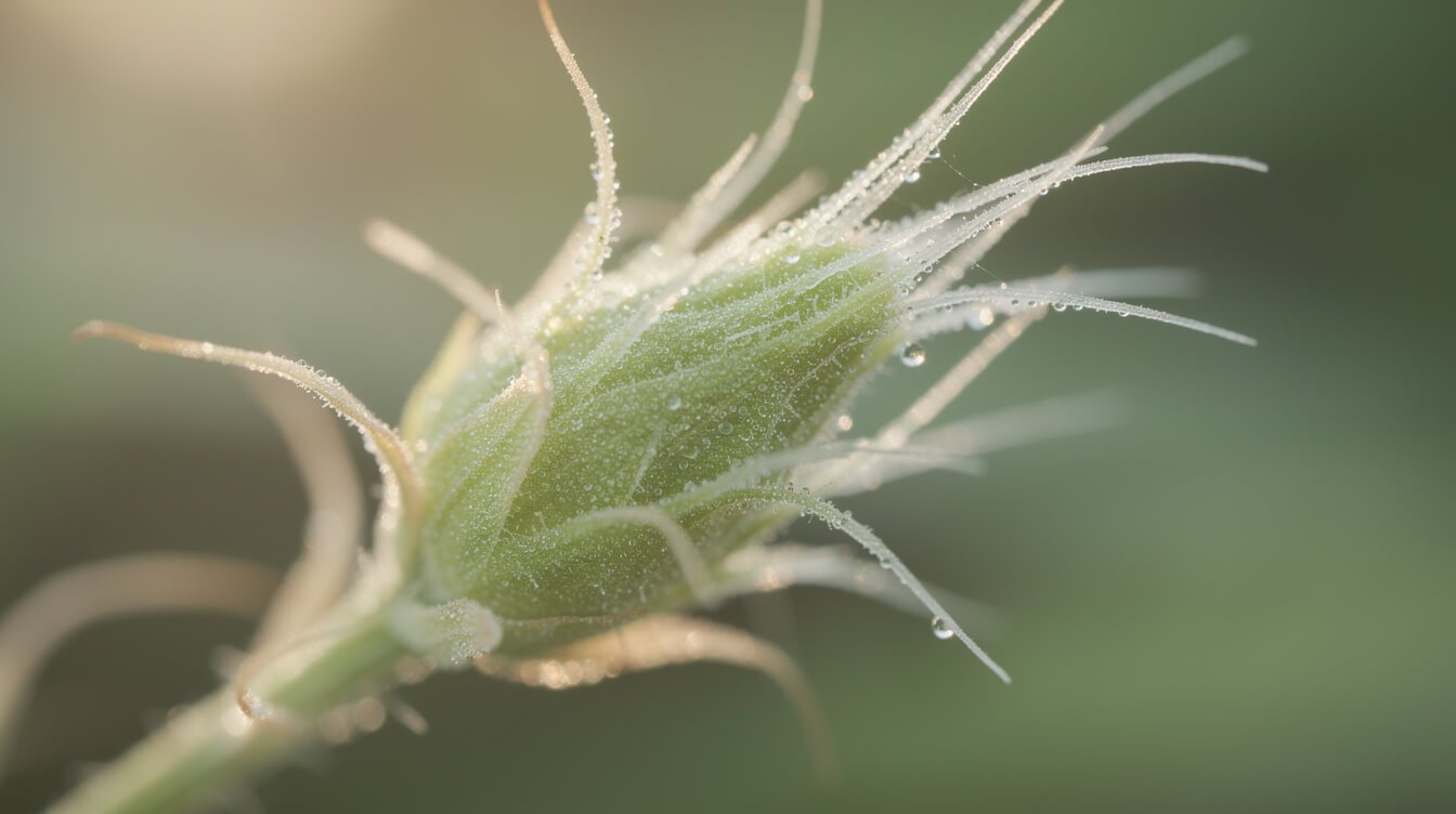 Macro view of a female cannabis pre-flower with white stigma hairs at the node