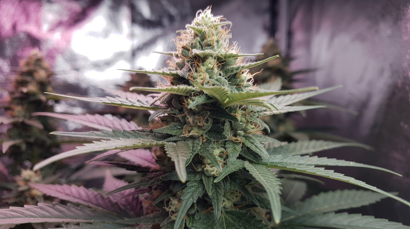 Maturing cannabis flower cluster under grow lights showing irregular growth among the bracts