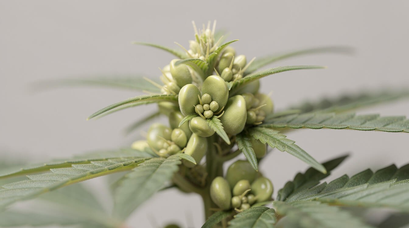 Macro view of small rounded pollen sacs at the node of a male cannabis plant