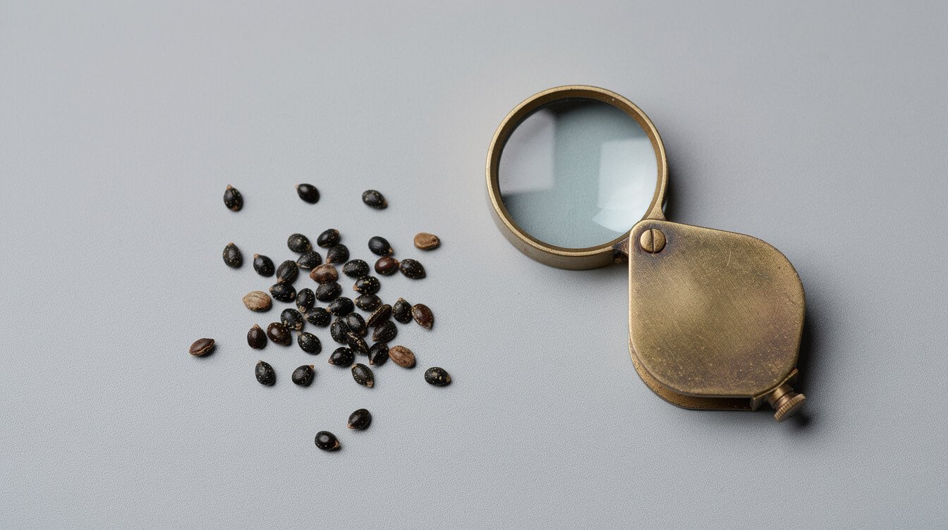Cannabis seeds on a grey surface beside a jeweler's loupe