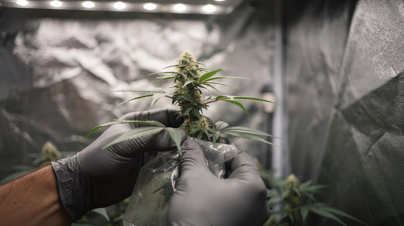 Gloved hands sealing a cut cannabis branch into a clear bag inside a grow tent