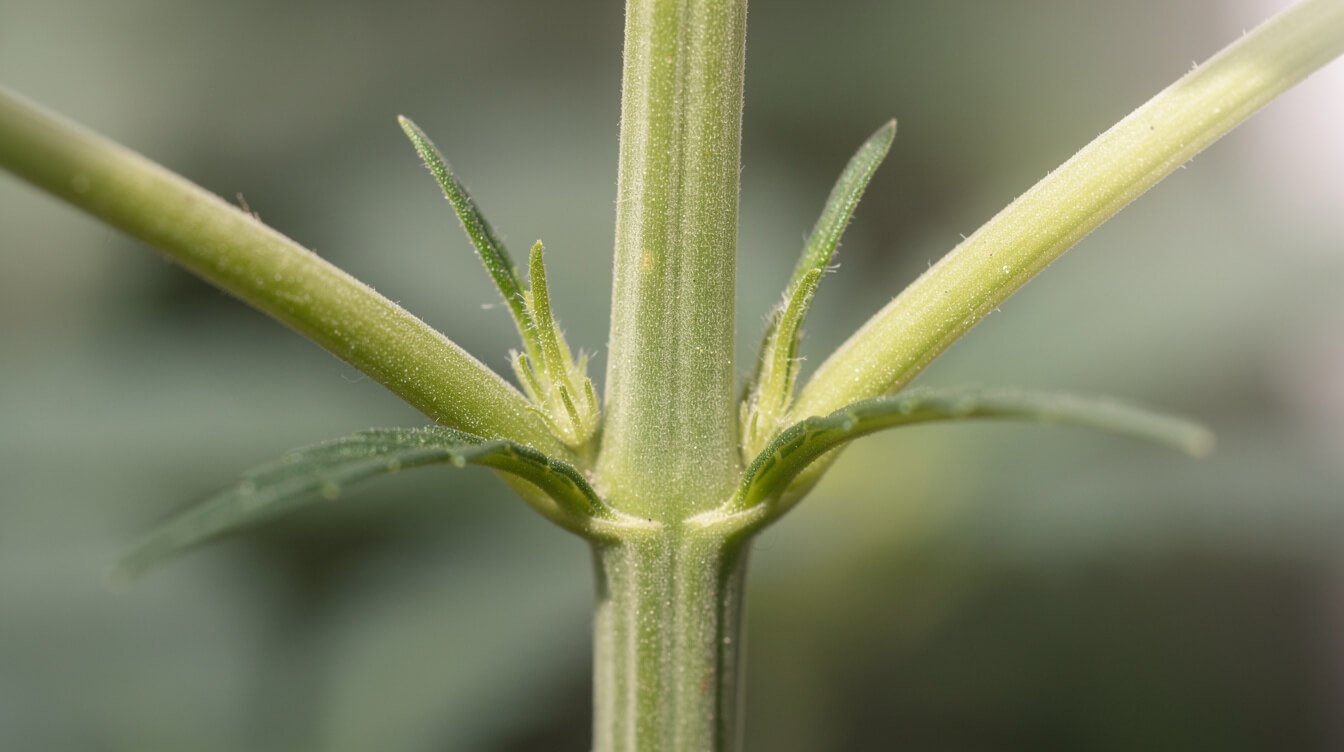 Close-up of the node where a branch meets the main stalk on a young cannabis plant