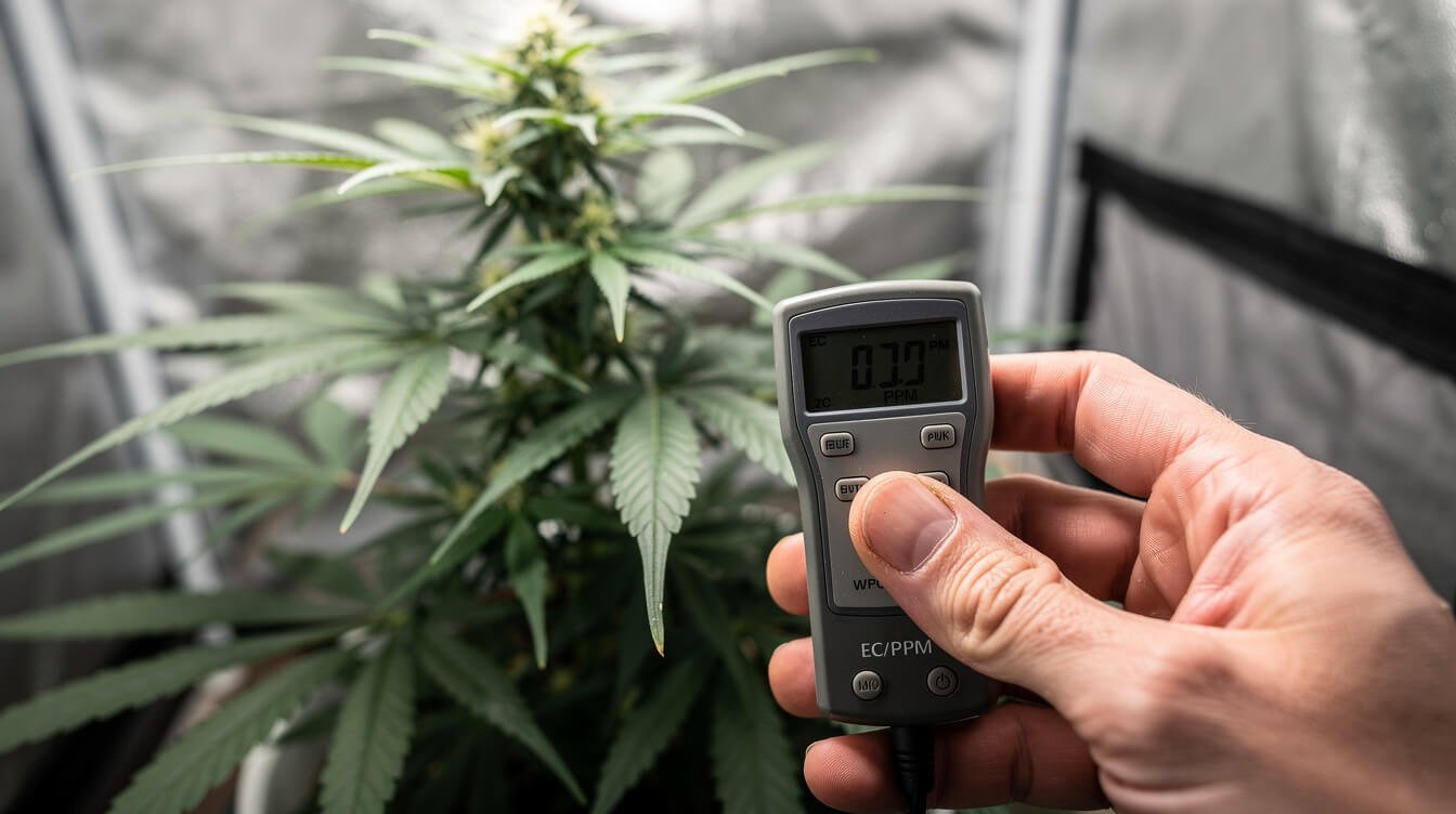 cannabis grower checking EC meter reading to prevent nutrient burn