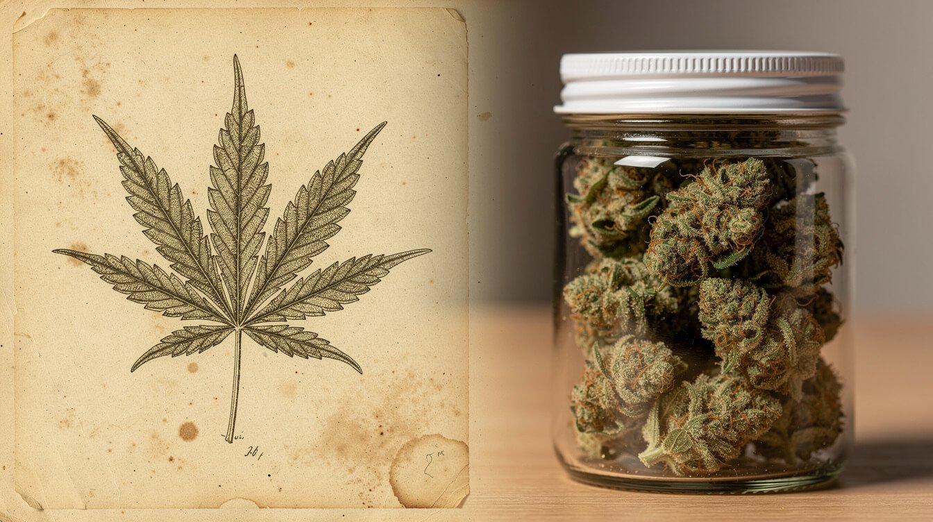 historical cannabis classification illustration next to modern flower jar