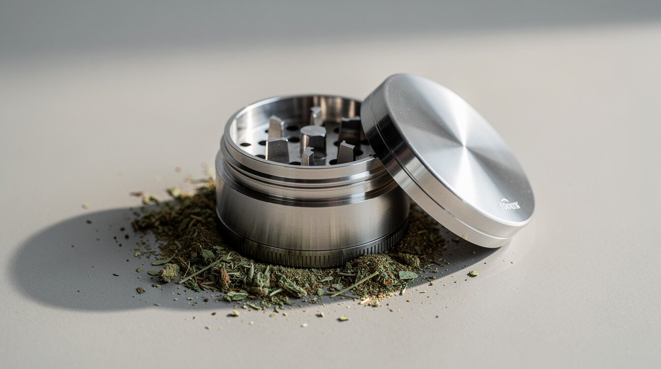 stainless steel weed grinder disassembled on a wooden table showing internal teeth and kief screen