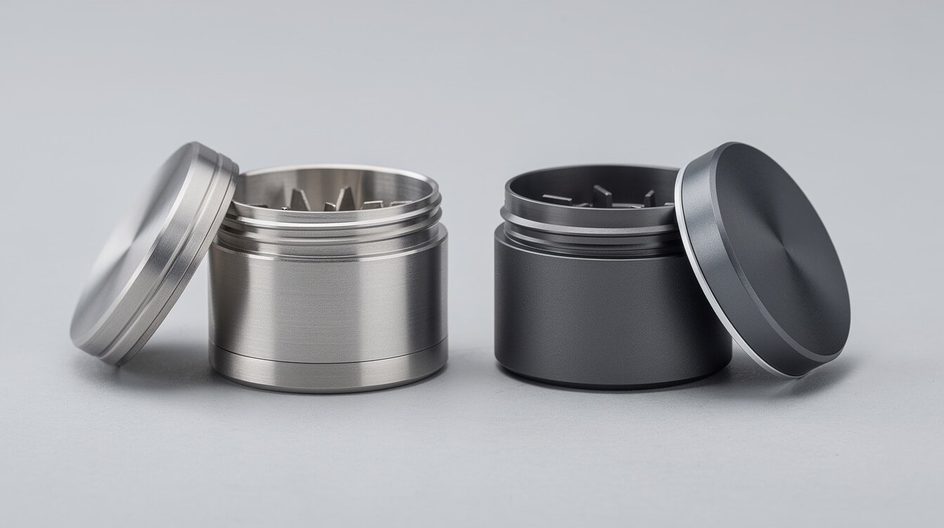 stainless steel weed grinder next to an anodized aluminum grinder for material comparison
