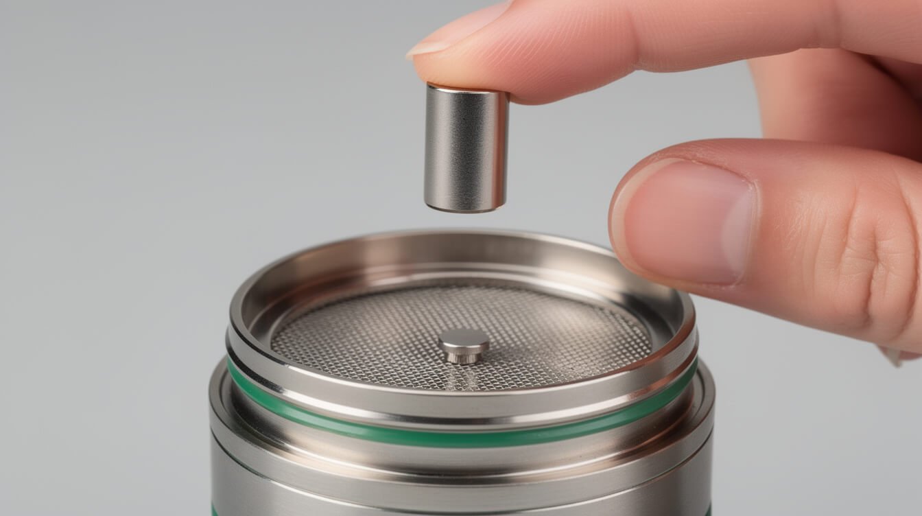 stainless steel kief screen and magnet test on a weed grinder chamber
