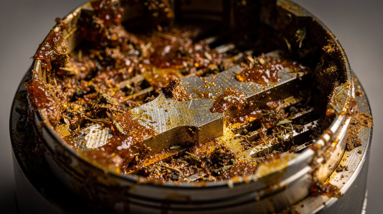 years of resin buildup inside a stainless steel grinder chamber before cleaning