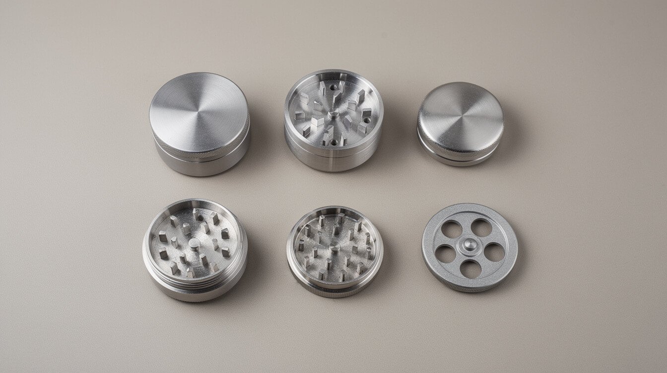 lineup of top-rated stainless steel weed grinders on a clean surface