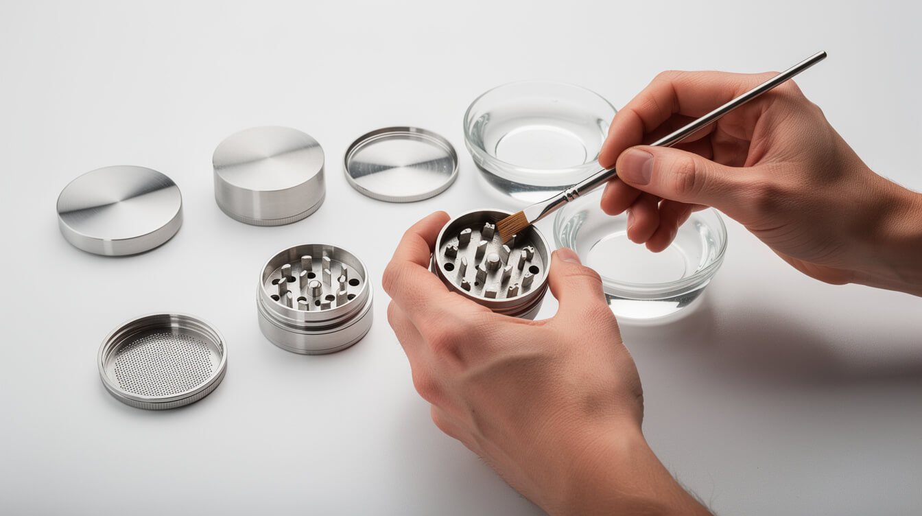 hands cleaning a stainless steel weed grinder with isopropyl alcohol and a brush