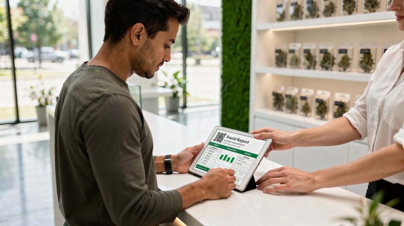 person checking a cannabis terpene chart while shopping at a dispensary
