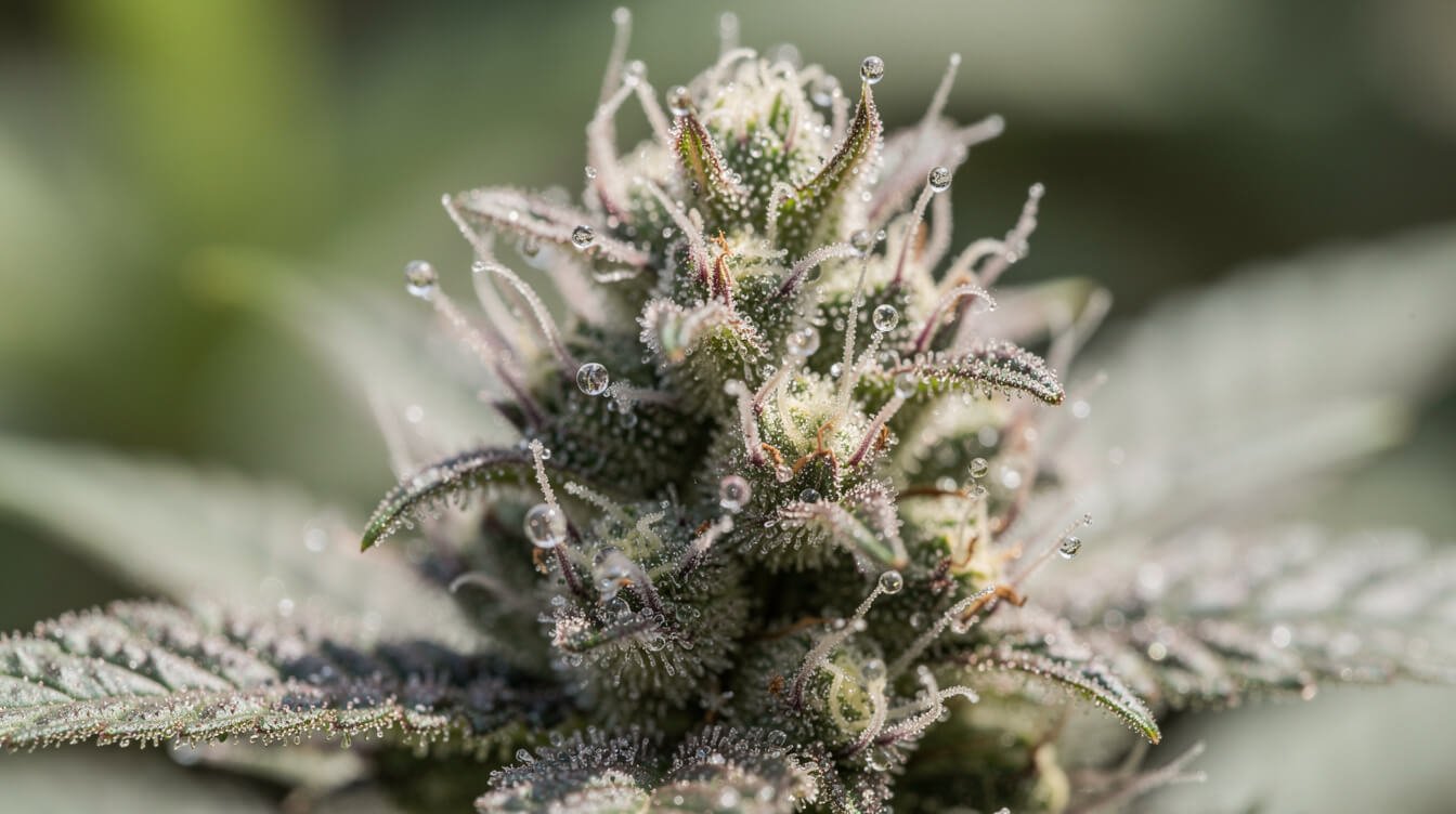 close-up macro photograph of cannabis trichomes on a bud