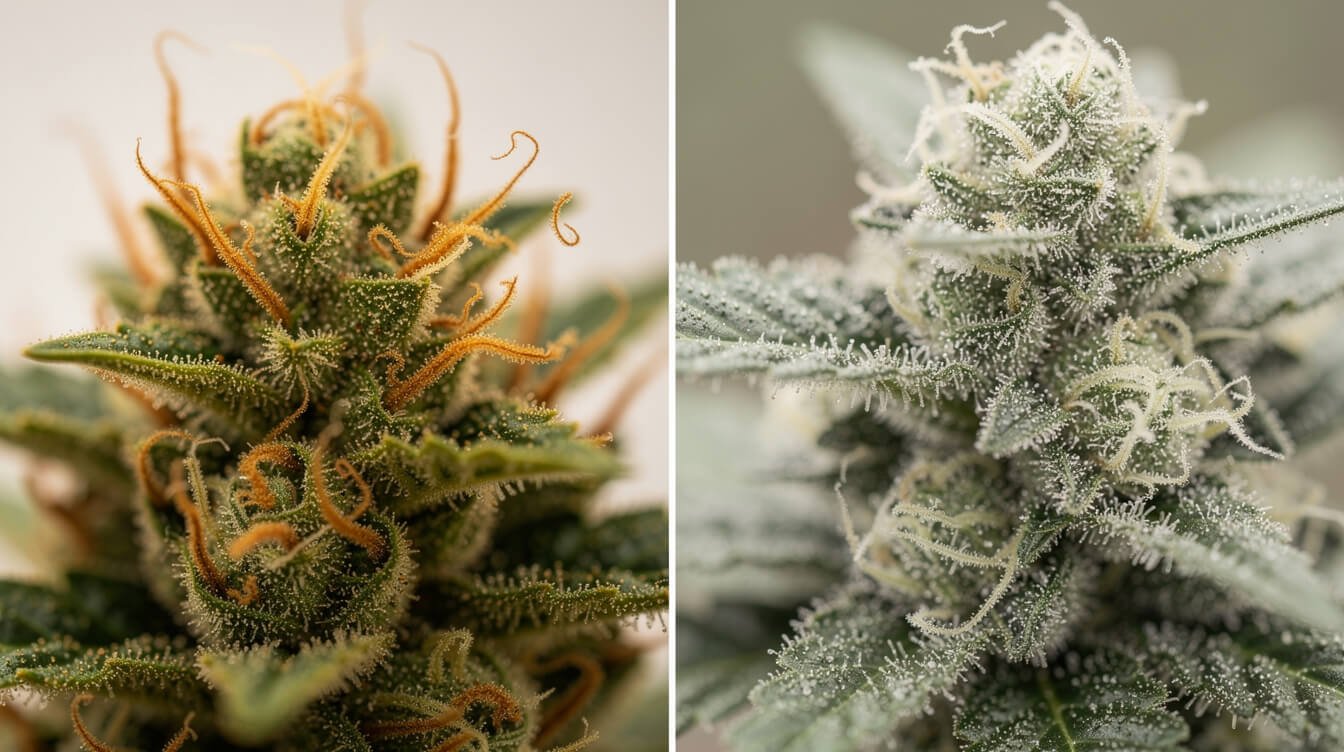 cannabis bud showing pistils and trichomes side by side for comparison