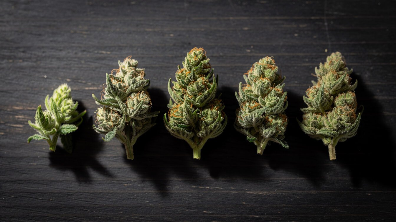 cannabis buds at different harvest windows compared side by side
