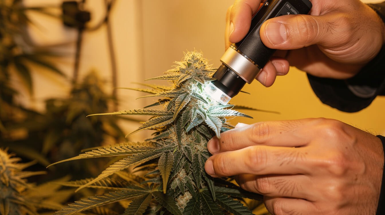 grower using a handheld digital microscope to inspect cannabis trichomes