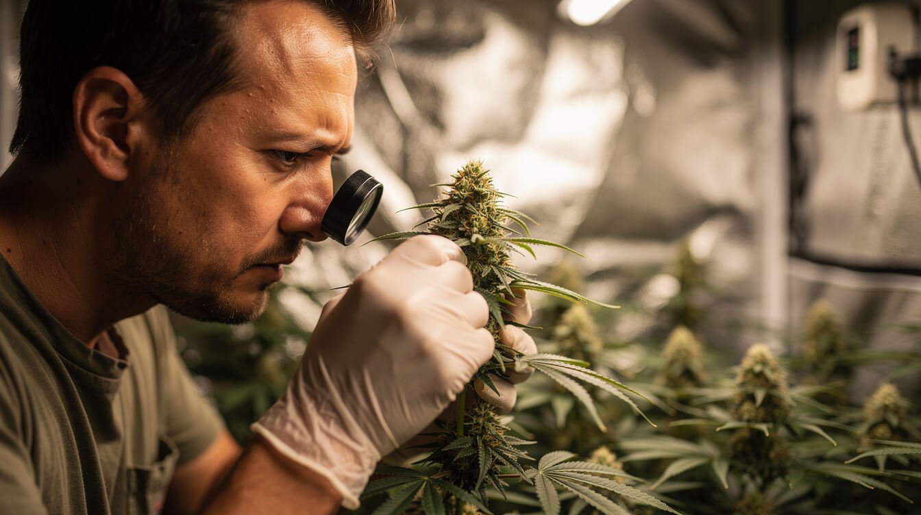 cannabis grower inspecting buds before harvest to avoid common mistakes