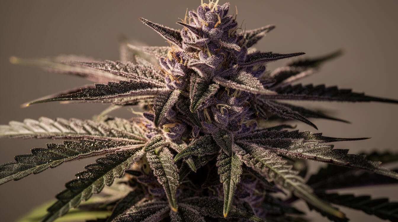 cannabis buds showing purple pigmentation on trichomes and leaves