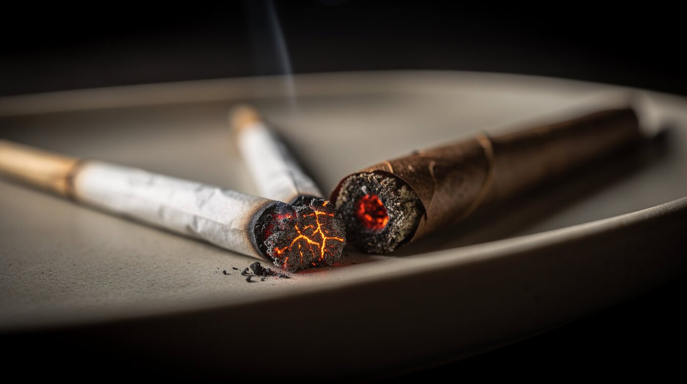 The ember tips of a paper joint and a leaf blunt on a ceramic tray
