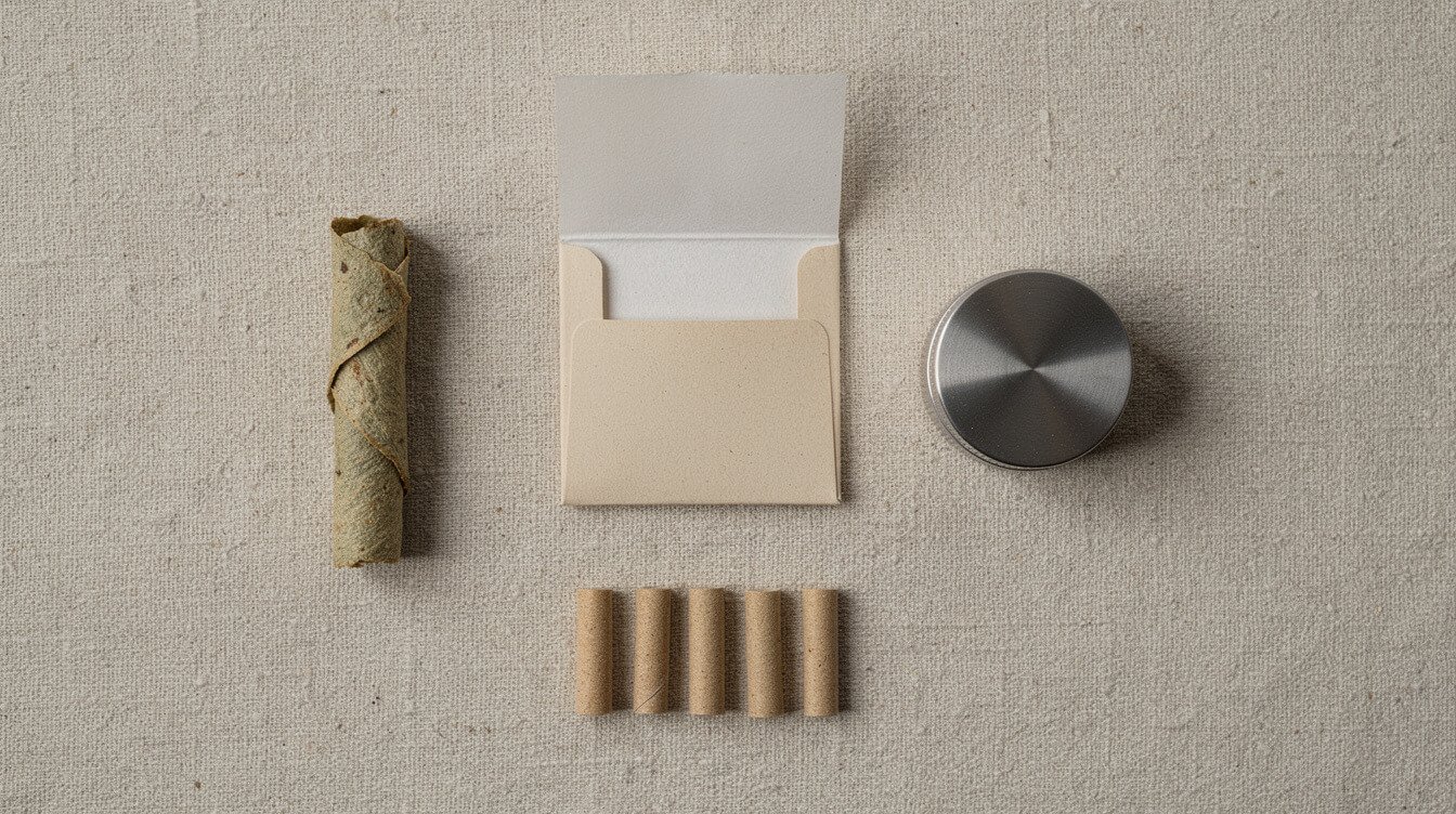 Rolling papers, a hemp wrap, a grinder and filter tips on linen