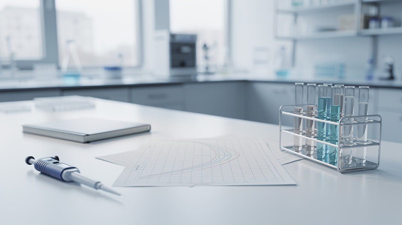 A clean research lab bench with a data chart, vials and a notebook