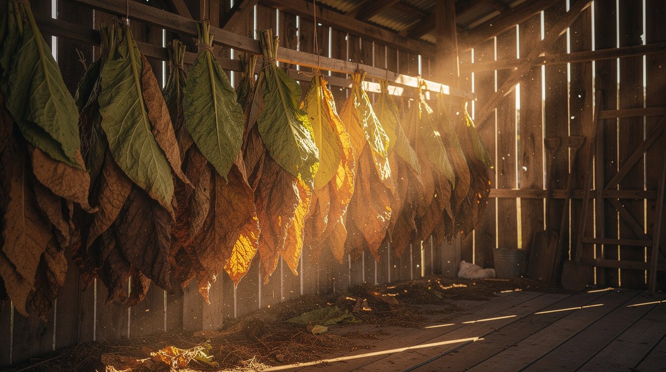 Tobacco leaves hanging to cure in a wooden barn