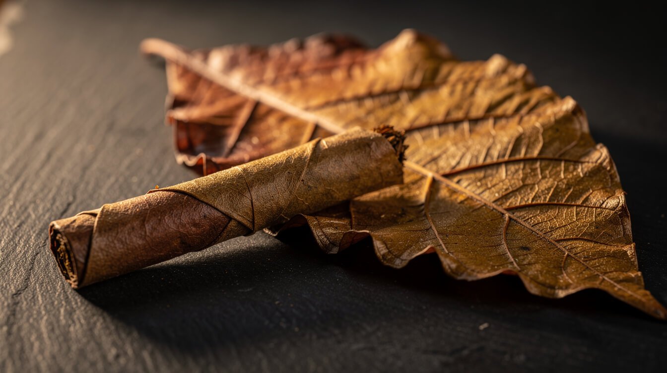 A hand-rolled tobacco-leaf blunt next to a whole cured tobacco leaf