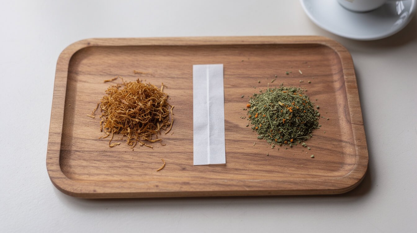 Loose tobacco and ground cannabis in two piles on a wooden rolling tray
